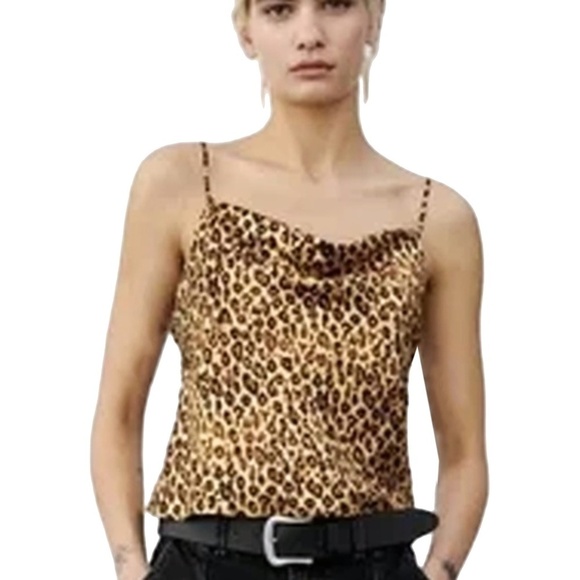 Zara Satin Cami Camisole Chettah Leopard Animal Print Chain Strap Cowl Neck NWOT - Picture 1 of 16